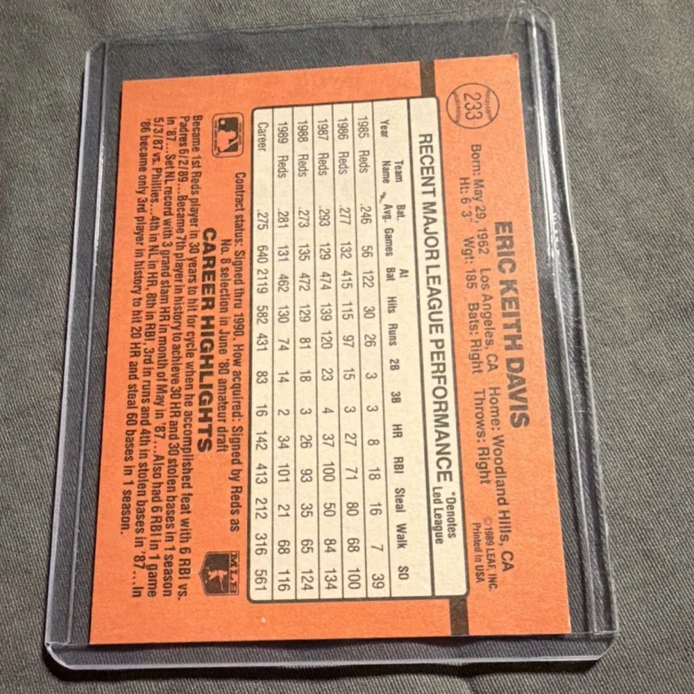 Donruss 1990 Eric Davis #233 Cincinnati Reds Baseball Card MLB
